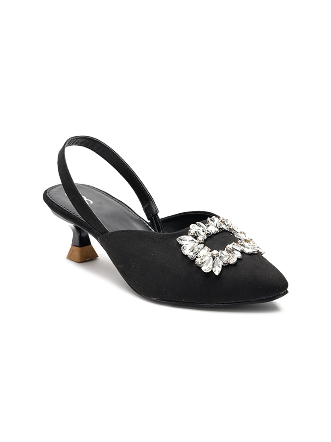 

Street Style Store Embellished Suede Kitten Heels Has Backstrap, Black