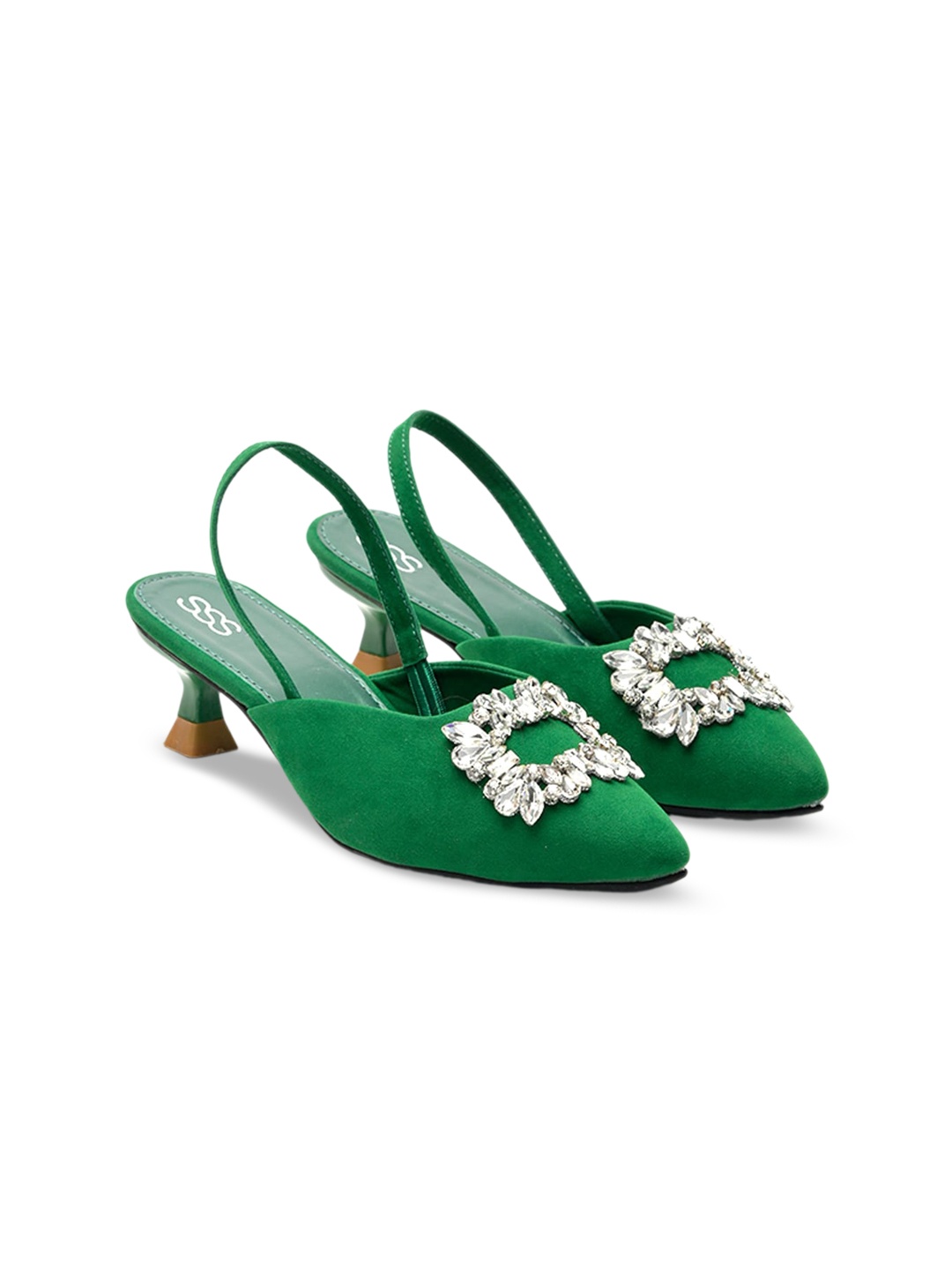 

Street Style Store Green Printed Suede Kitten Pumps with Bows