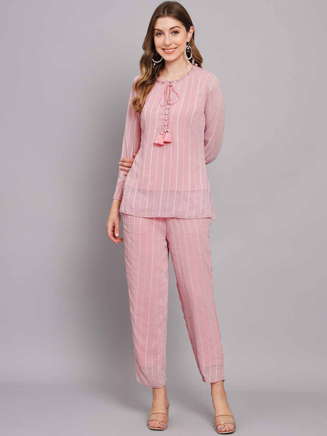 

KALINI Pink & White Round Neck Striped Night Suit