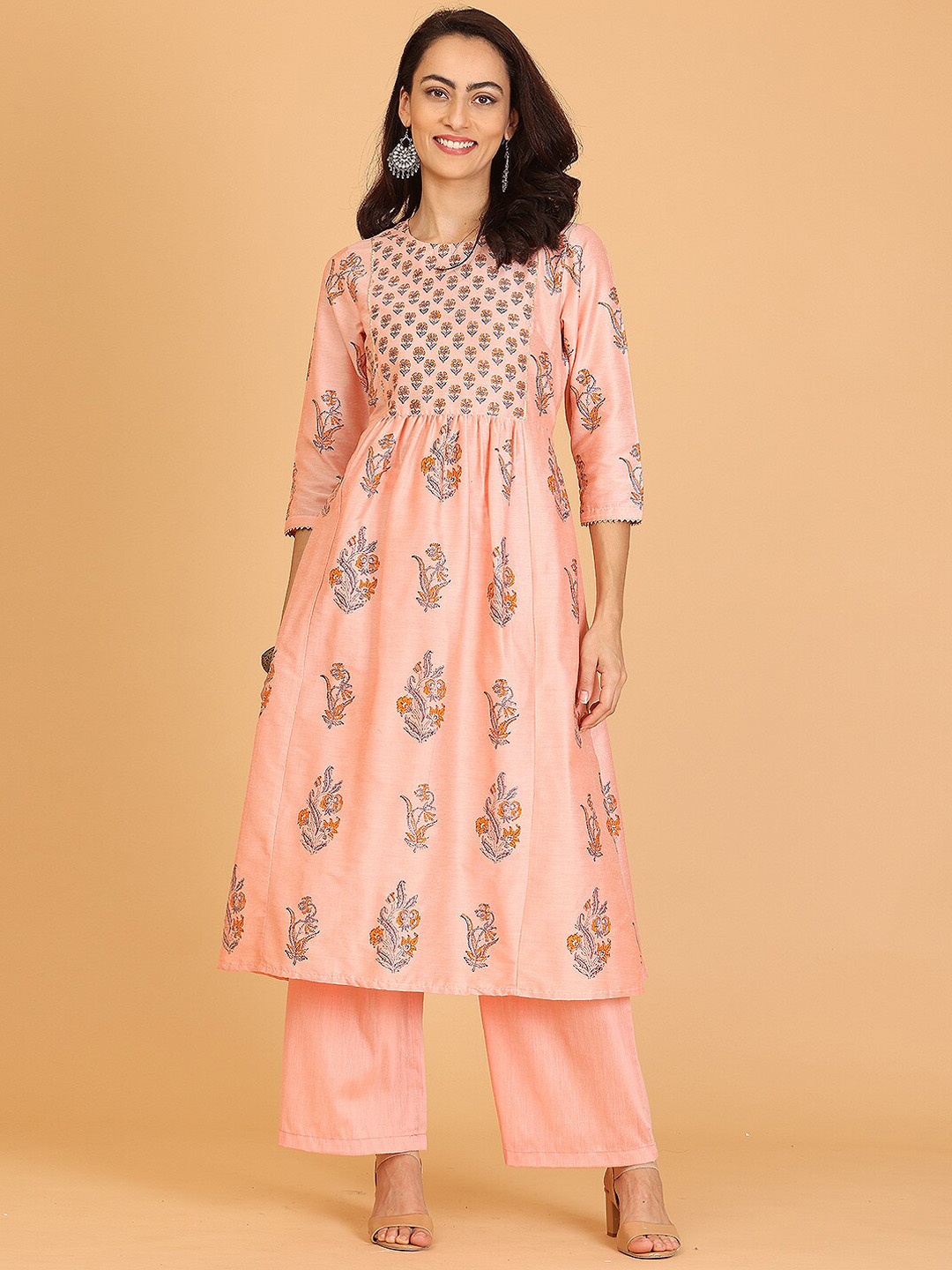 

KAANCHIE NANGGIA Ethnic Motifs Printed Panelled A-Line Kurta With Palazzos Set, Peach