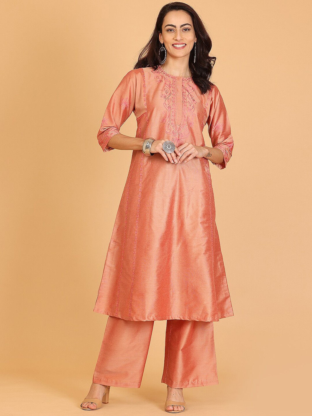 

KAANCHIE NANGGIA Ethnic Motifs Embroidered Panelled A-Line Kurta With Palazzos Set, Peach
