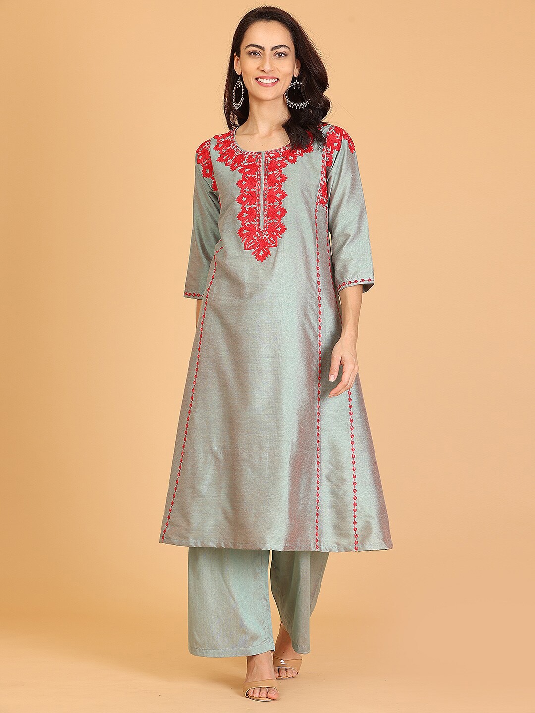 

KAANCHIE NANGGIA Ethnic Motifs Embroidered Panelled A-Line Kurta With Palazzos Set, Grey