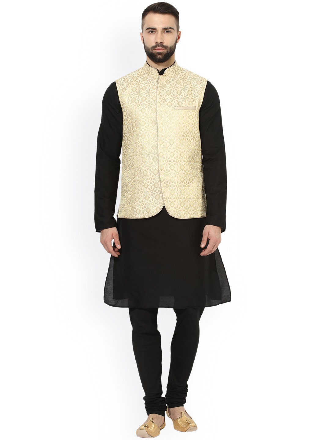 

KISAH Men Black Self Design Kurta with Churidar & Nehru Jacket