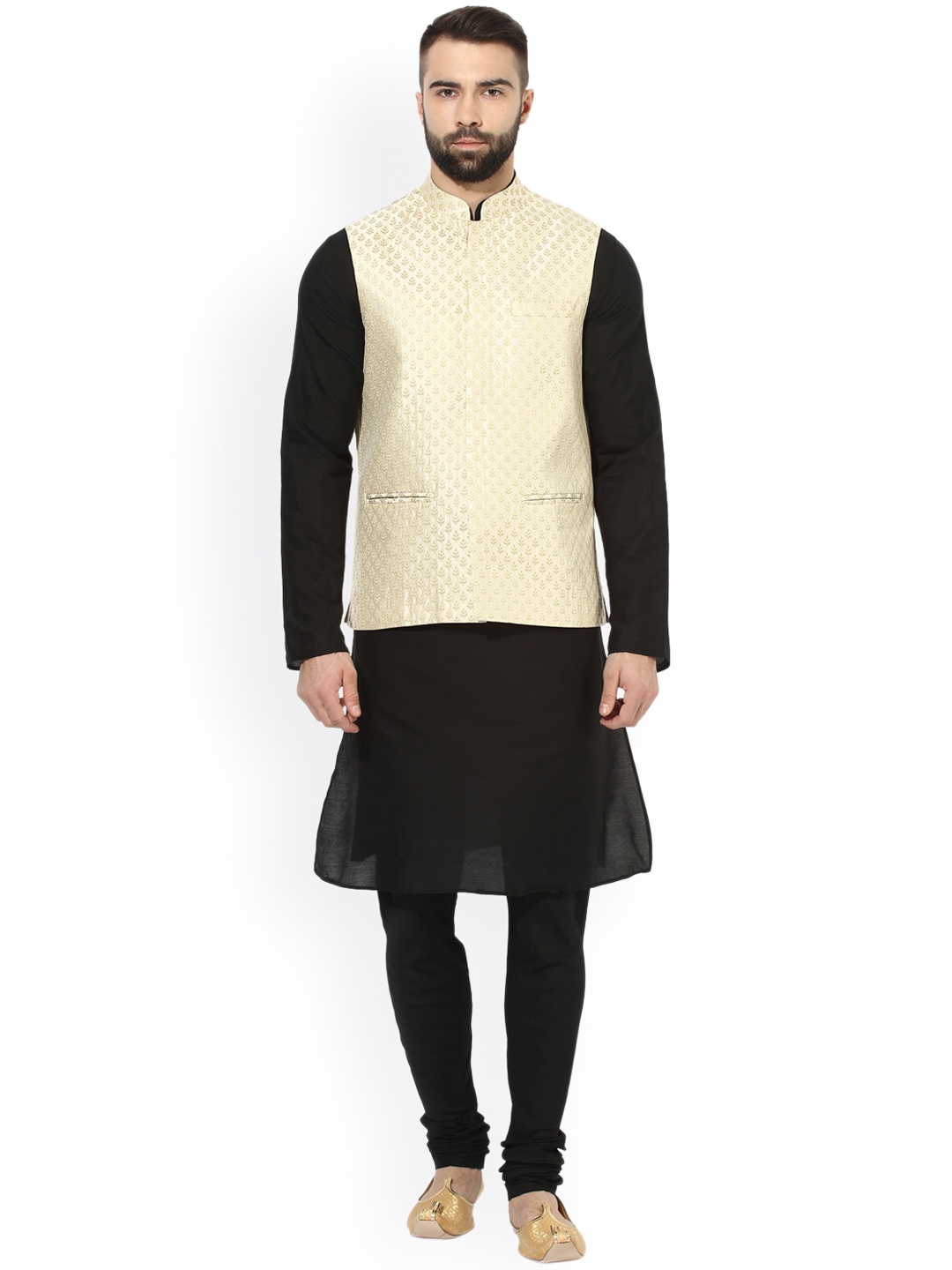 

KISAH Men Black Self Design Kurta with Churidar & Nehru Jacket