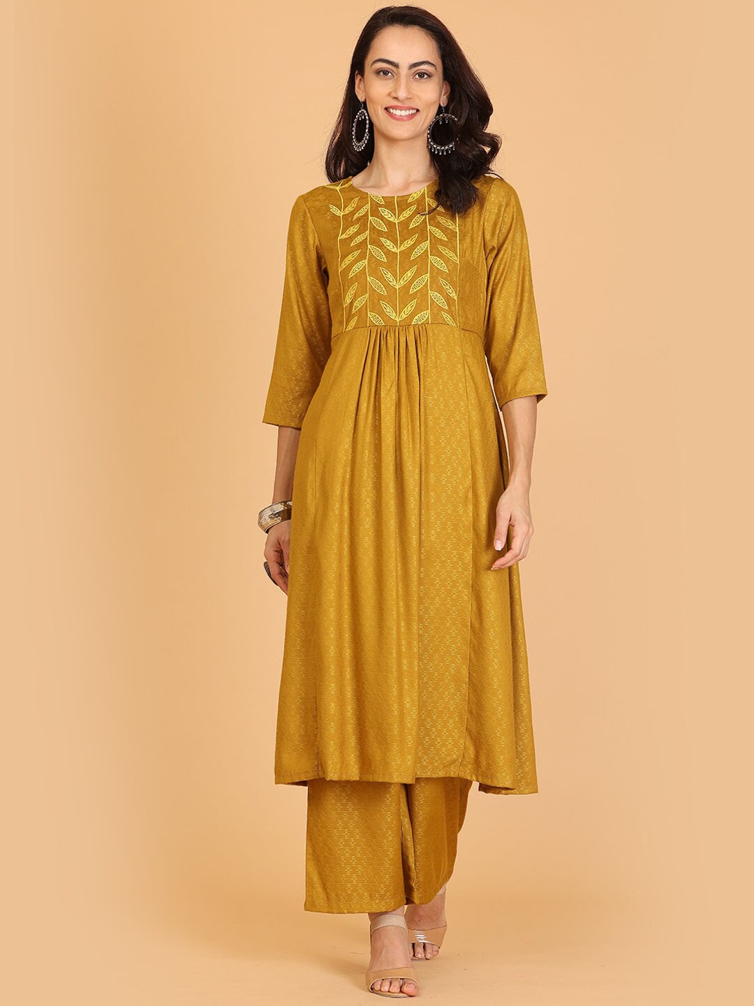 

KAANCHIE NANGGIA Woven Design Thread Work A-Line Kurta With Palazzos, Mustard