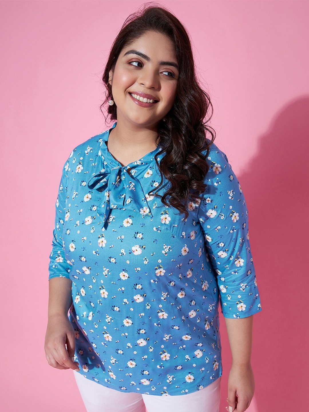 

AUSTIVO Floral Printed Tie-Up Neck Top, Blue