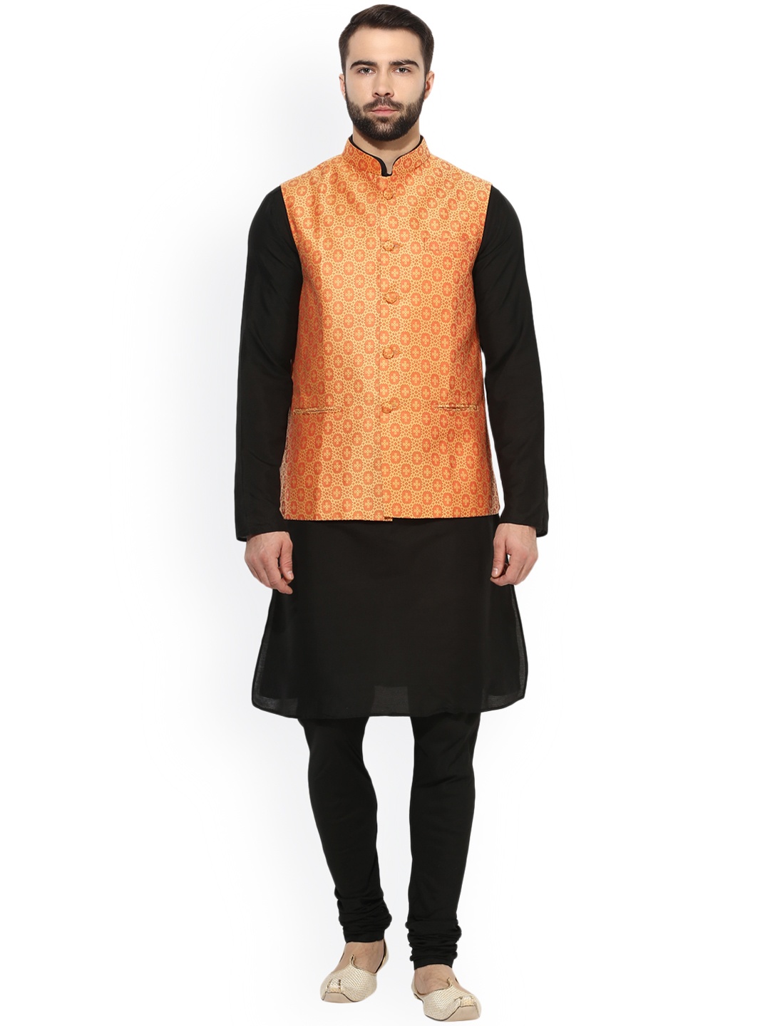 

KISAH Men Black Self Design Kurta with Churidar & Nehru Jacket