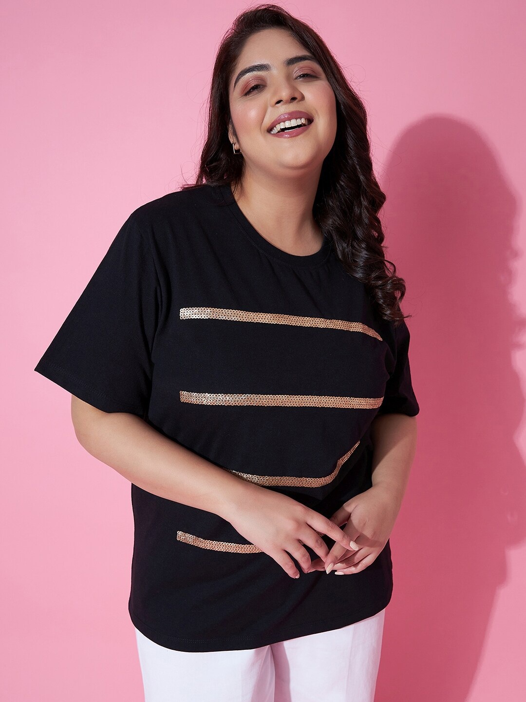 

AUSTIVO Embellished Round Neck Short Sleeve T-Shirt, Black