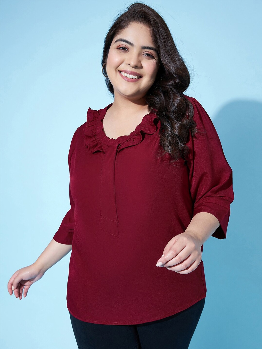 

AUSTIVO V-Neck Regular Sleeves Ruffles Top, Maroon