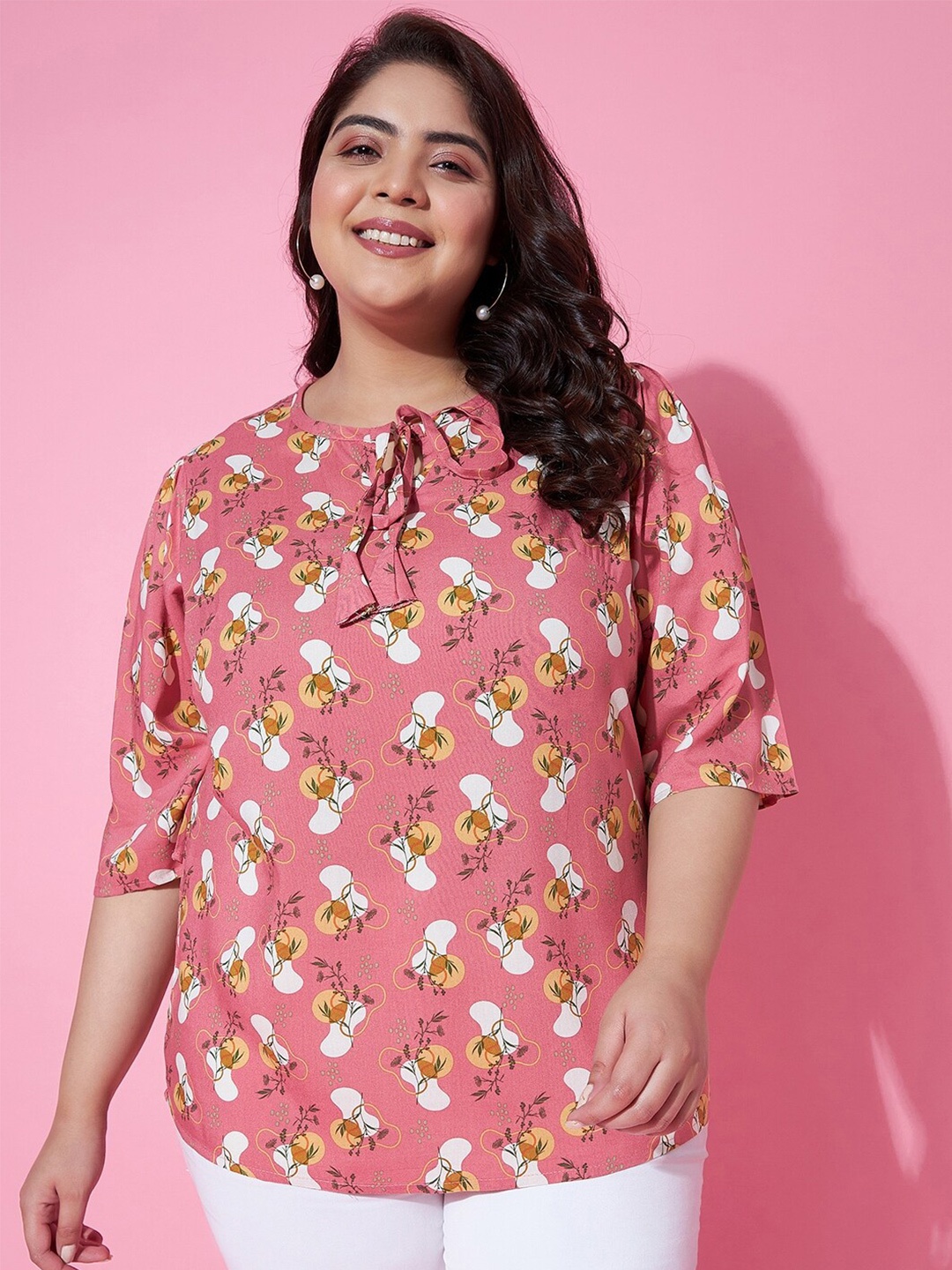 

AUSTIVO Floral Printed Puff Sleeves Tie-Up Neck Regular Top, Pink