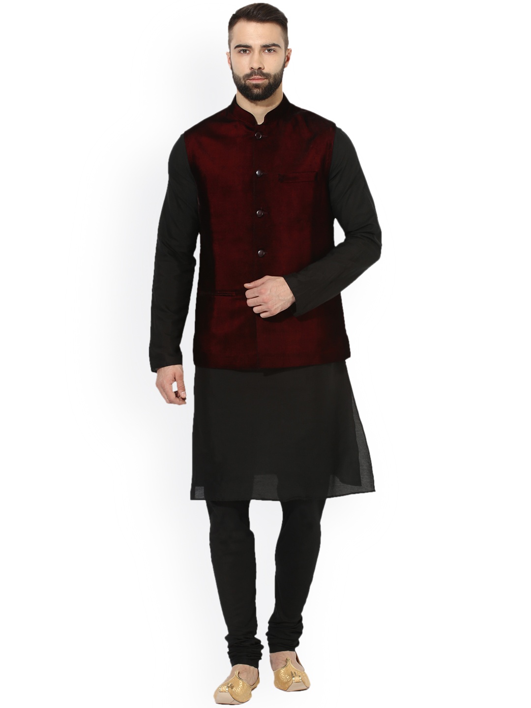 

KISAH Men Black & Maroon Self Design Kurta with Churidar & Nehru Jacket