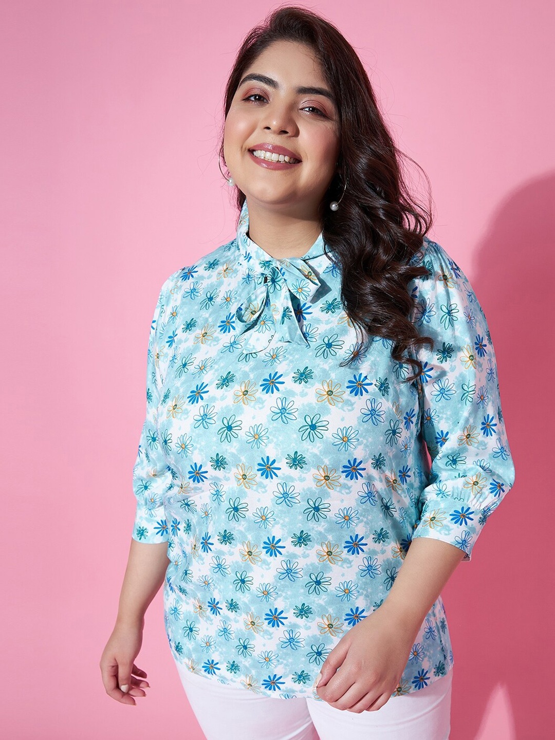 

AUSTIVO Plus Size Floral Printed Tie-Up Neck Top, Blue