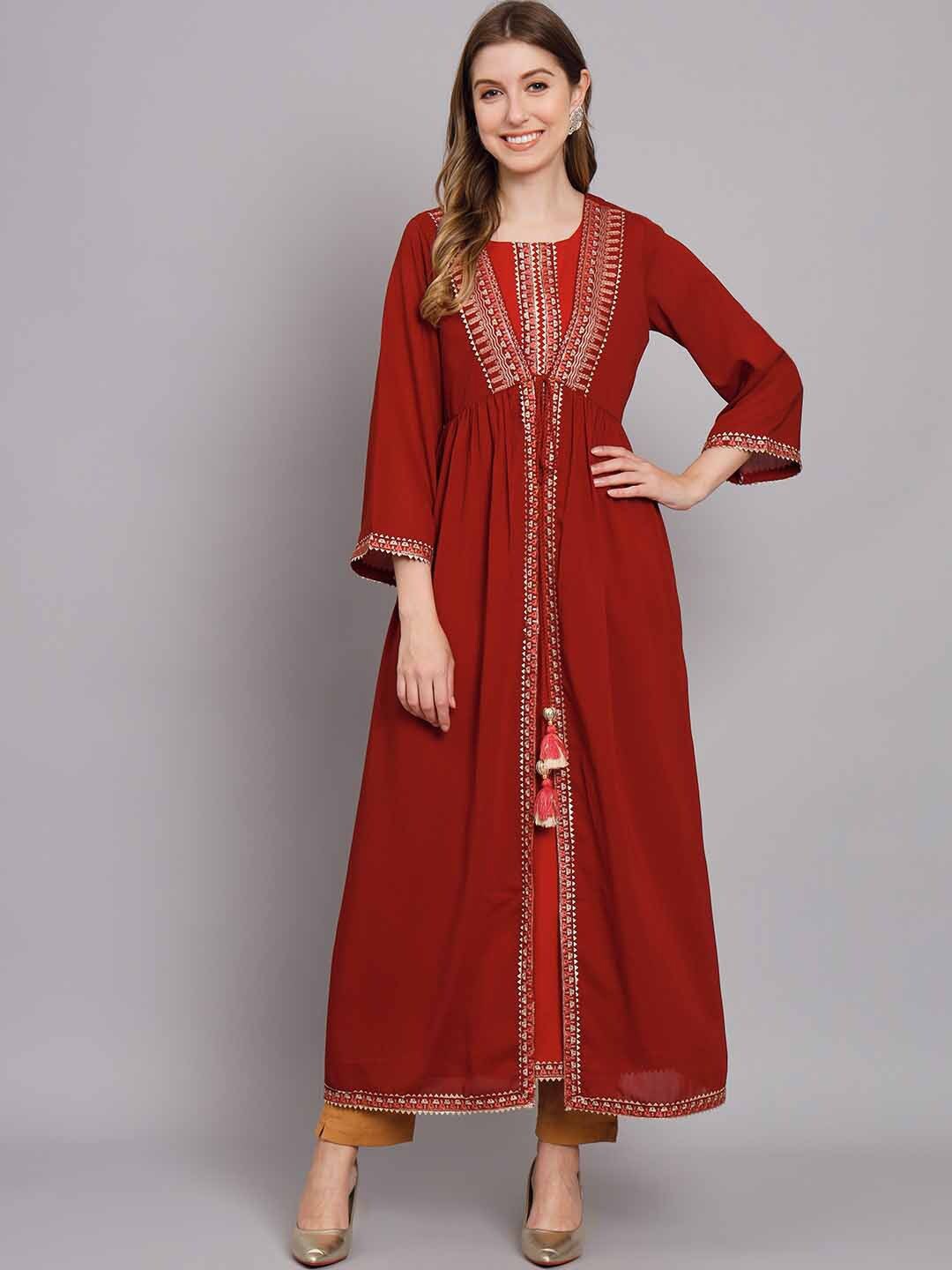 

KALINI Ethnic Motifs Embroidered Gotta Patti A-Line Kurta with Shrug, Maroon