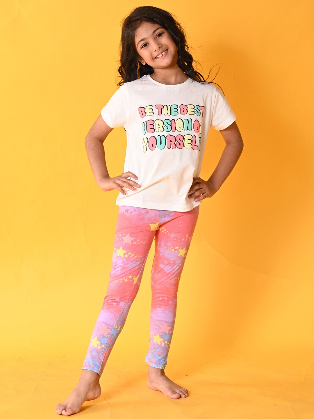

Anthrilo Girls Printed Pure Cotton T-shirt with Leggings Clothing Set, Off white
