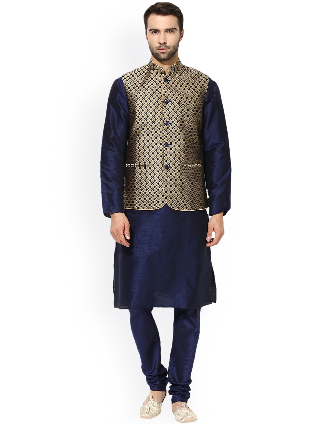 

KISAH Men Navy Blue Self Design Kurta with Churidar & Nehru Jacket