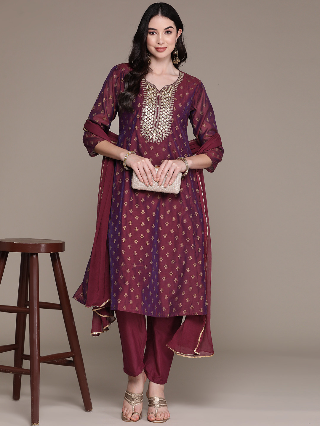 

Ishin Ethnic Motifs Foil Printed Regular Mirror Work Kurta With Trousers & Dupatta, Burgundy