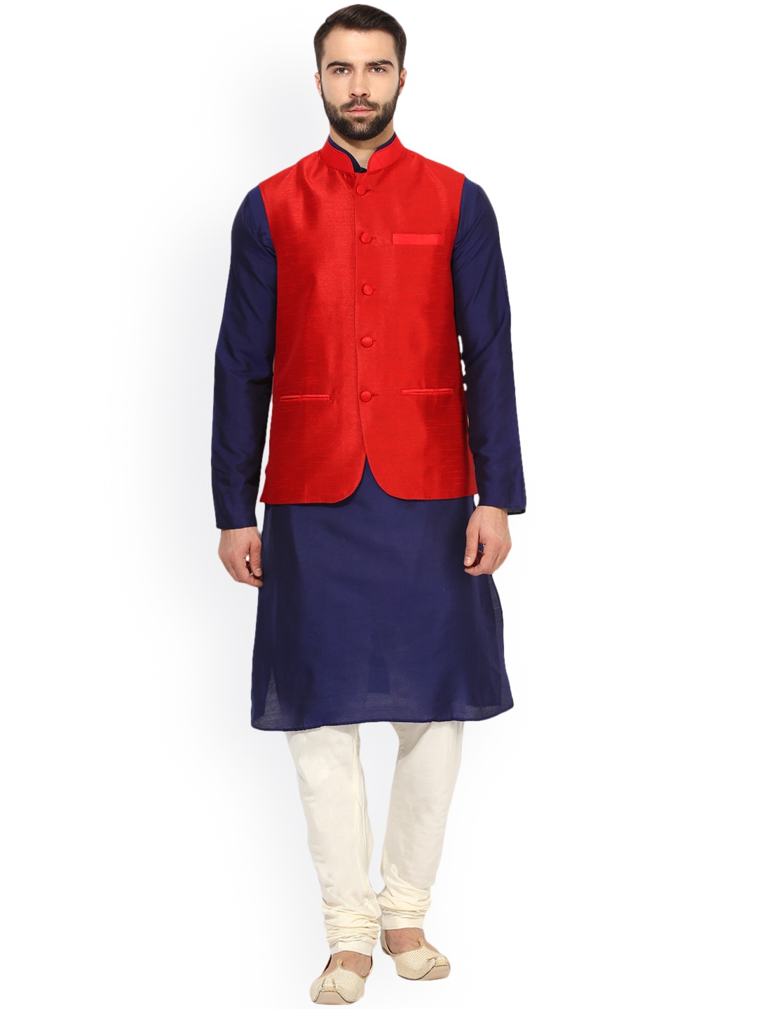 

KISAH Men Navy Blue Self Design Kurta with Churidar & Nehru Jacket