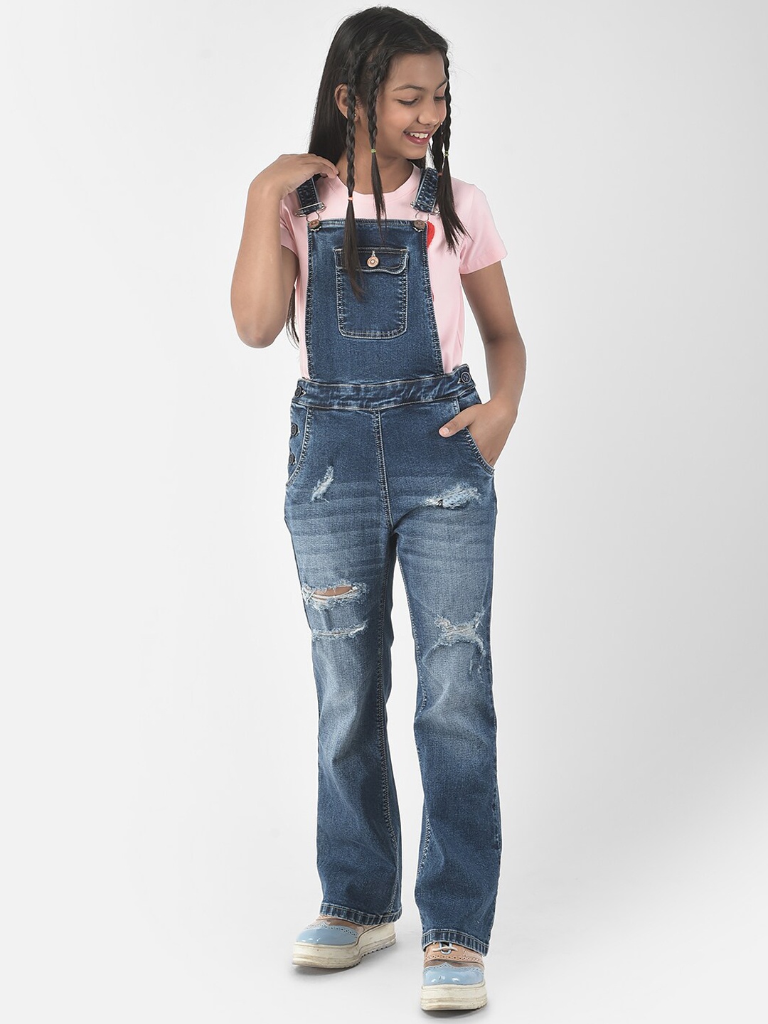 

Crimsoune Club Girls Distressed Dungaree With T-Shirt, Blue