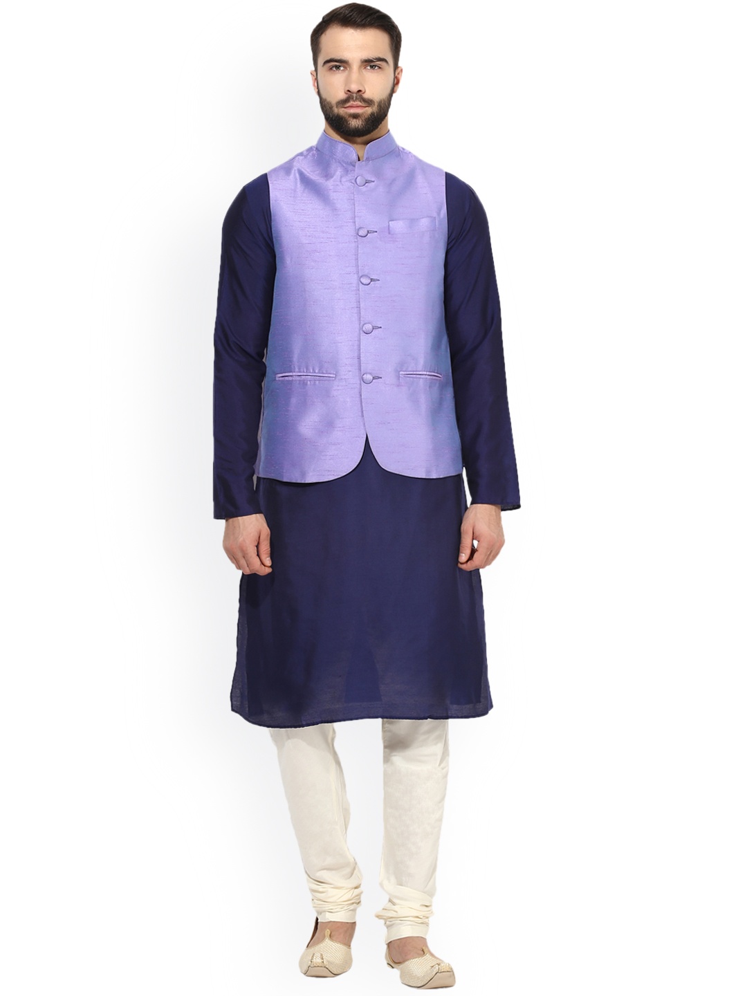 

KISAH Men Navy Blue Self Design Kurta with Churidar & Nehru Jacket