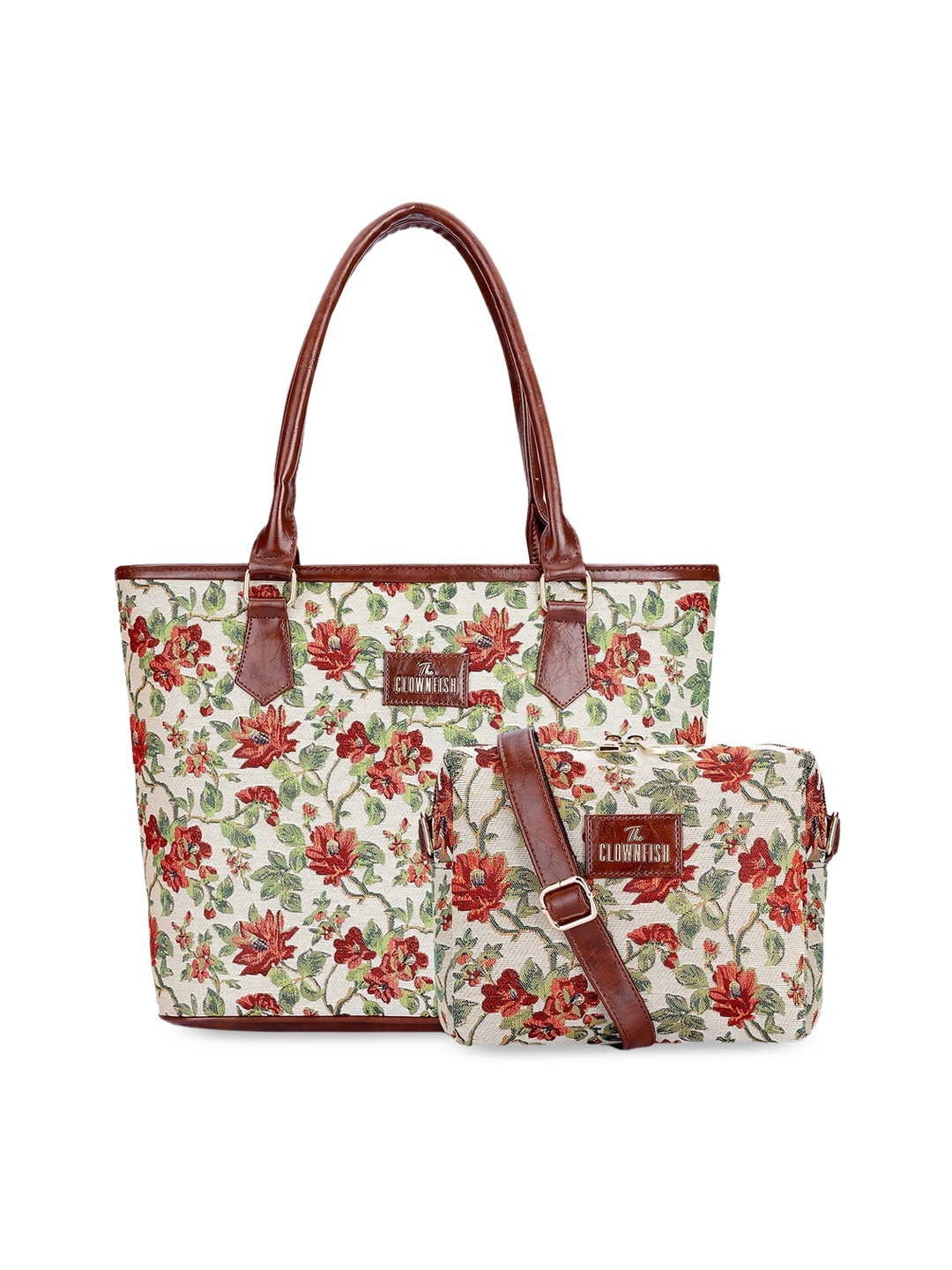 

THE CLOWNFISH Adelina & Justina Floral Printed Leather Shopper Shoulder Bag with Sling Bag, Off white