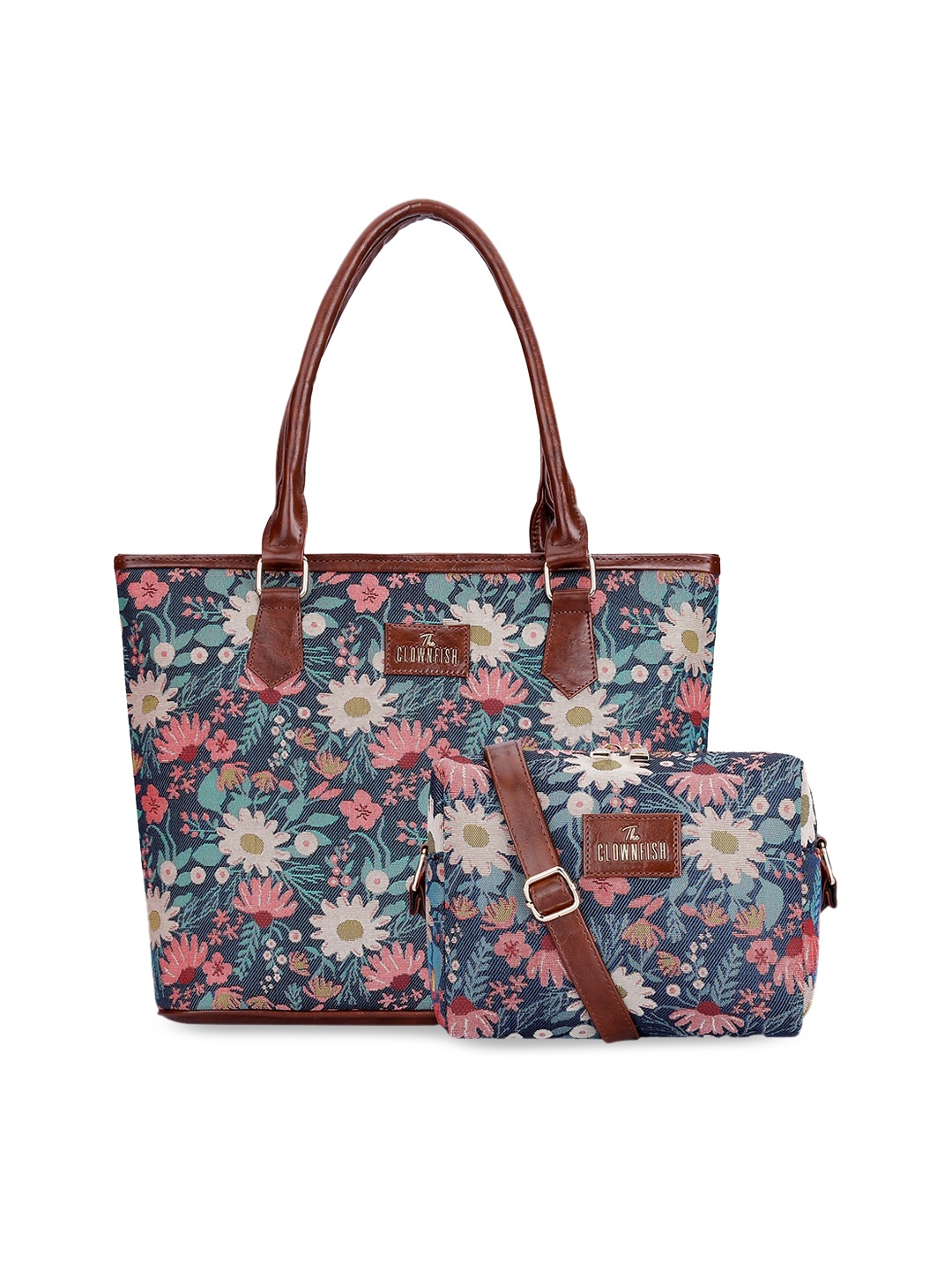 

THE CLOWNFISH Set Of 2 Floral Printed Leather Water Resistance Sling Bag & Shoulder Bag, Blue