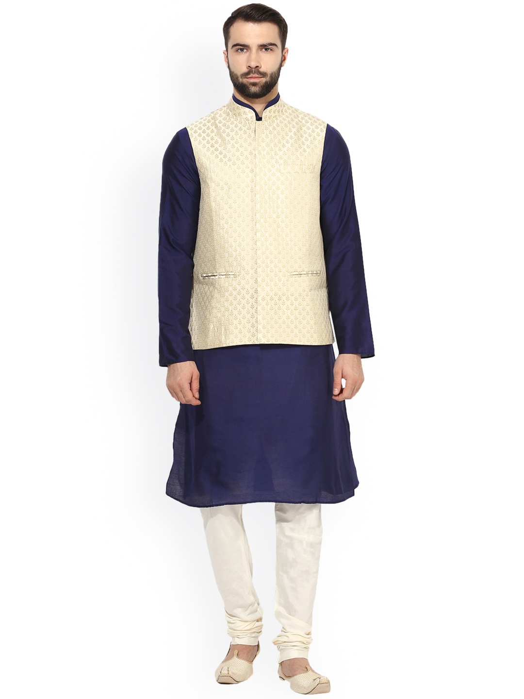 

KISAH Men Navy Blue & Beige Self Design Kurta with Churidar & Nehru Jacket