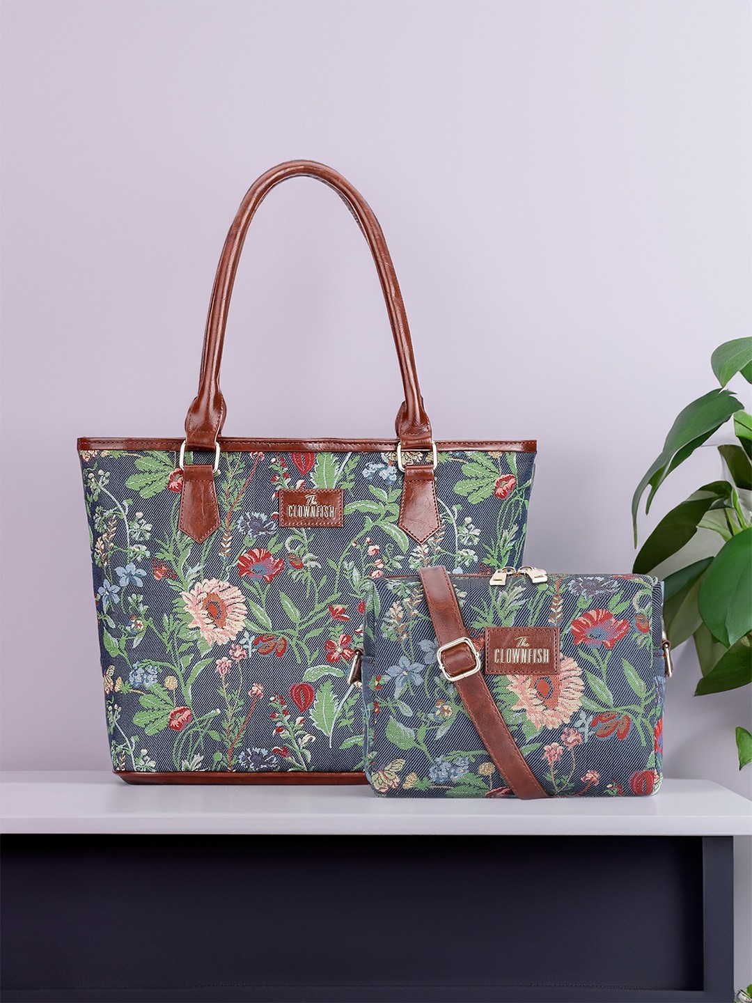 

THE CLOWNFISH Floral Printed Leather Shopper Shoulder Bag With Sling Bag, Navy blue