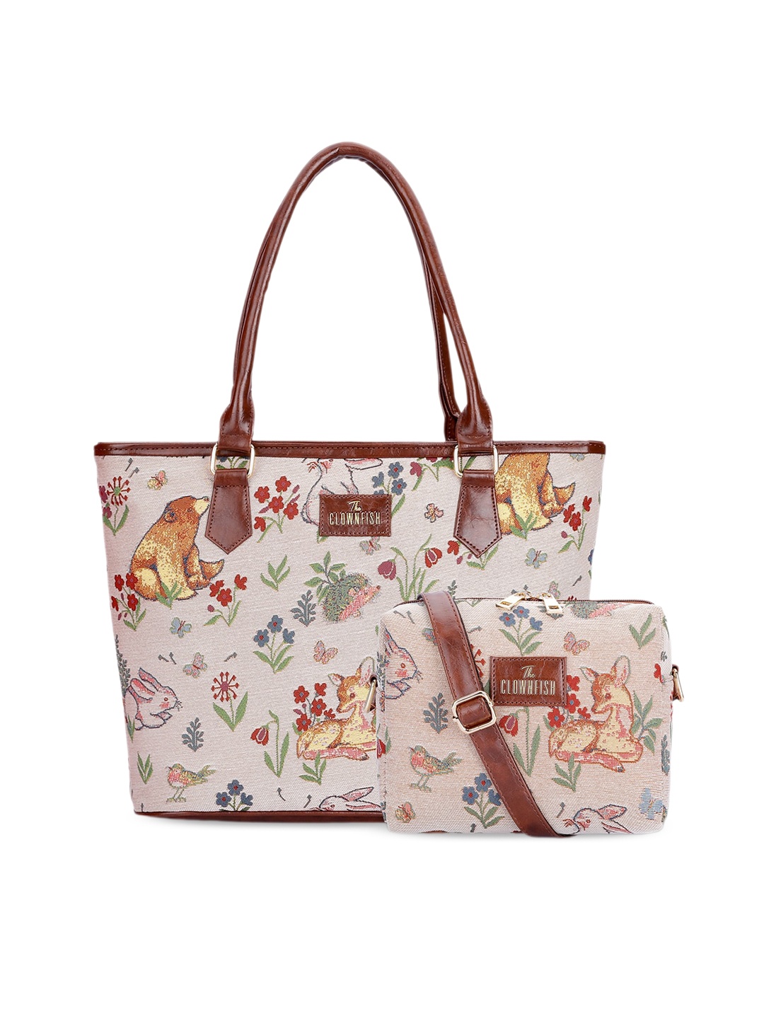 

THE CLOWNFISH Adelina & Justina Women Printed Leather Sling Bag & Handbag, Cream
