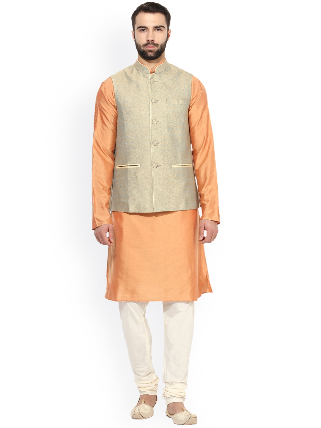 

KISAH Men Peach-Coloured & Green Self Design Kurta with Churidar & Nehru Jacket