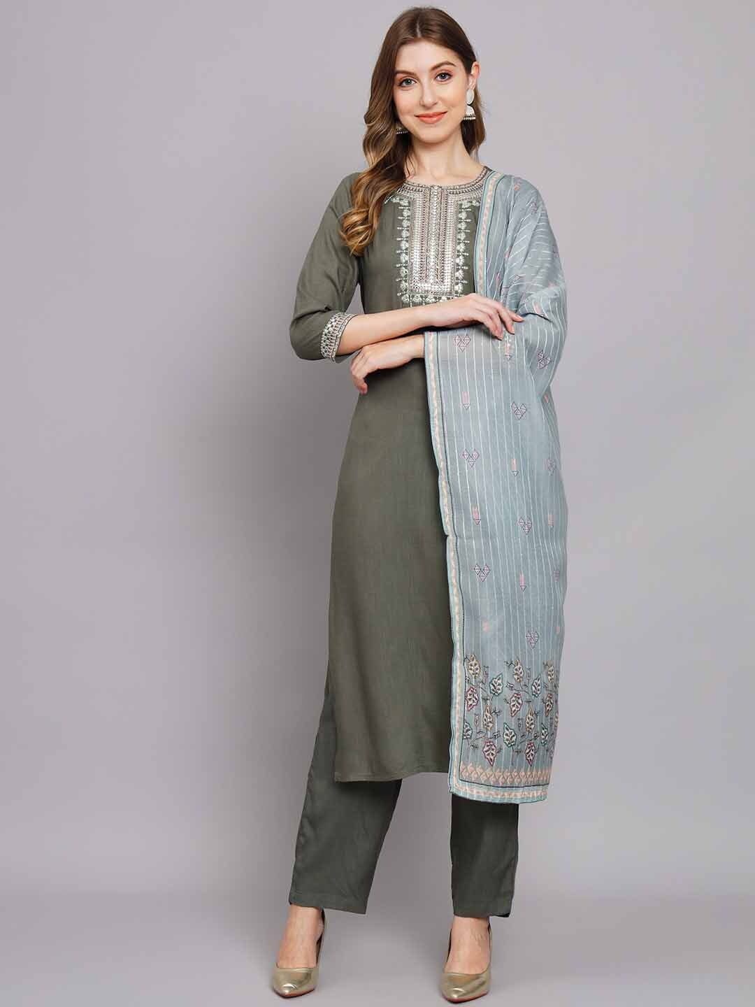 

KALINI Ethnic Motif Yoke Design Thread Work Kurta With Trousers & Dupatta, Olive