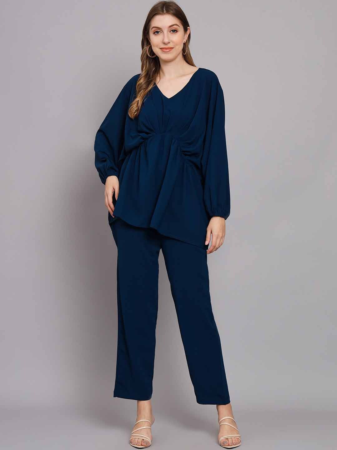 

KALINI V-Neck Kaftan Silk Chiffon Kurti with Trousers, Navy blue