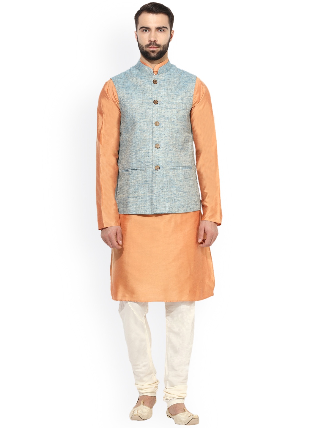 

KISAH Men Peach-Coloured Self Design Kurta with Churidar & Nehru Jacket