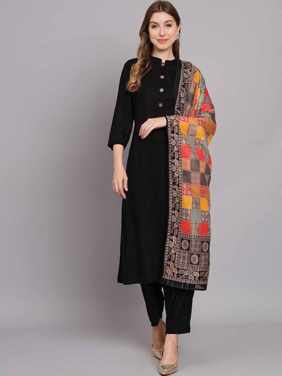 

KALINI Mandarin Collar Kurta with Trousers & Dupatta, Black