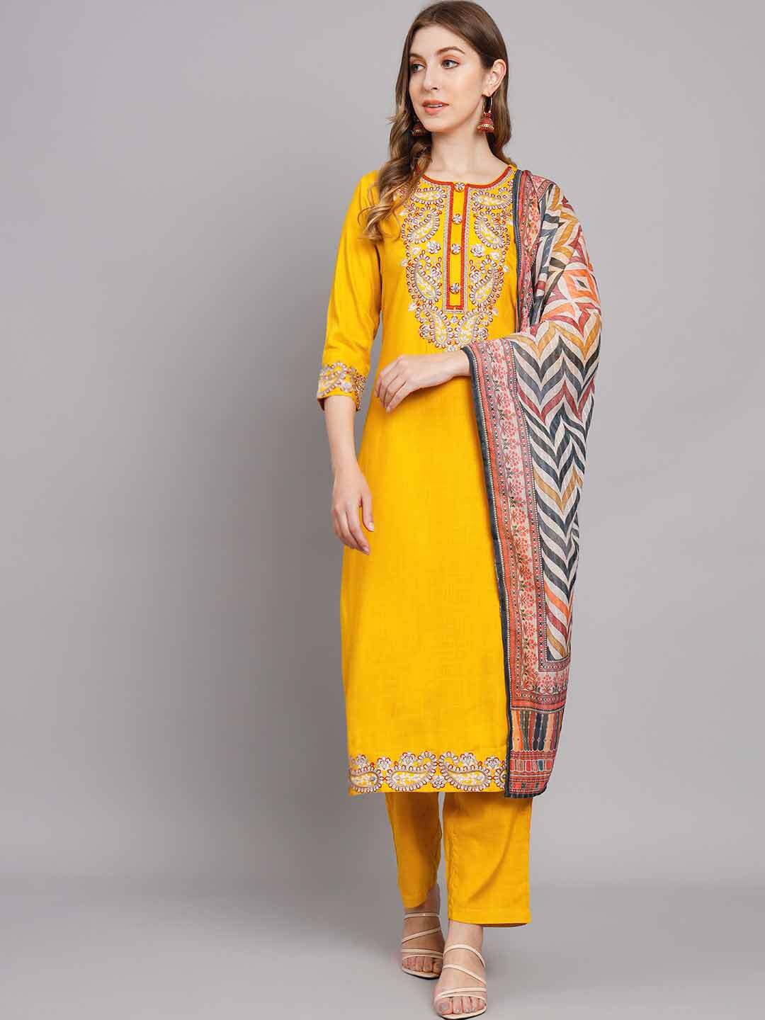 

KALINI Yoke Design Thread Work Kurta With Trousers & Dupatta, Yellow