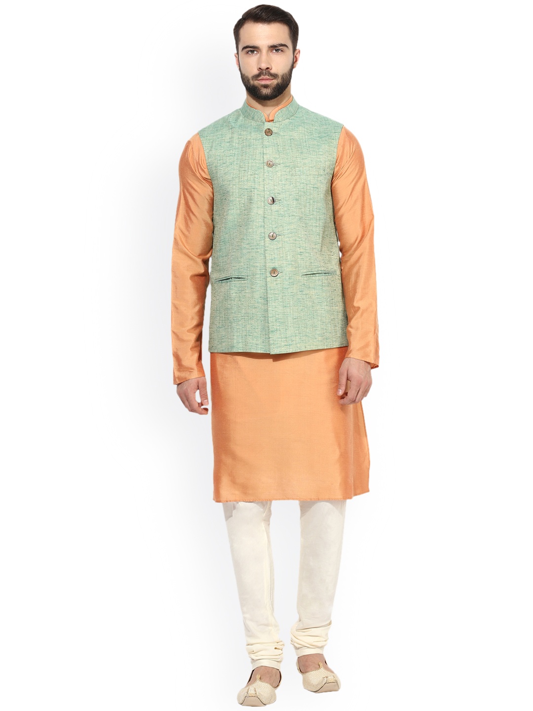 

KISAH Men Peach-Coloured Self Design Kurta with Churidar & Nehru Jacket