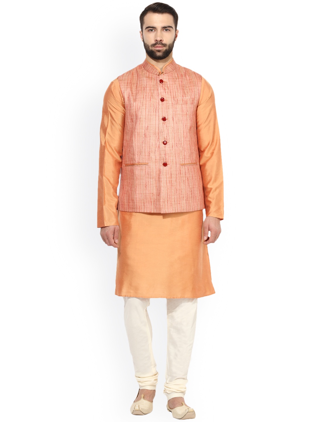 

KISAH Men Peach-Coloured Self Design Kurta with Churidar & Nehru Jacket