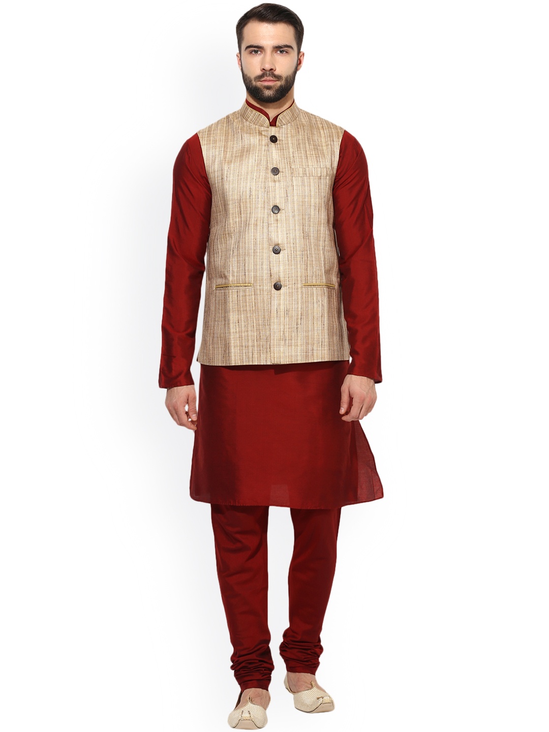 

KISAH Men Maroon & Beige Self Design Kurta with Churidar & Nehru Jacket