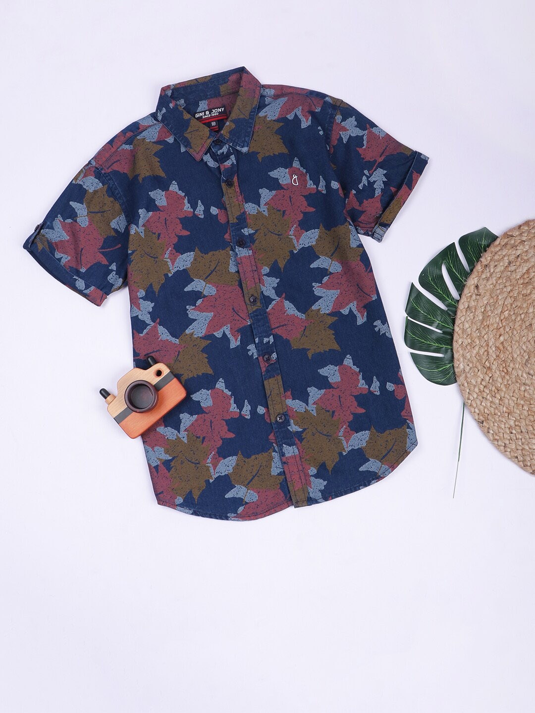 

Gini and Jony Boys Floral Printed Roll Up Sleeves Cotton Casual Shirt, Navy blue