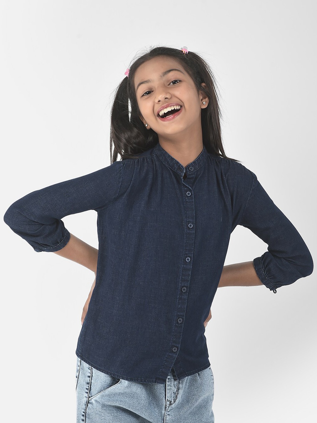 

Crimsoune Club Girls band Collar Opaque Casual Denim Shirt, Blue