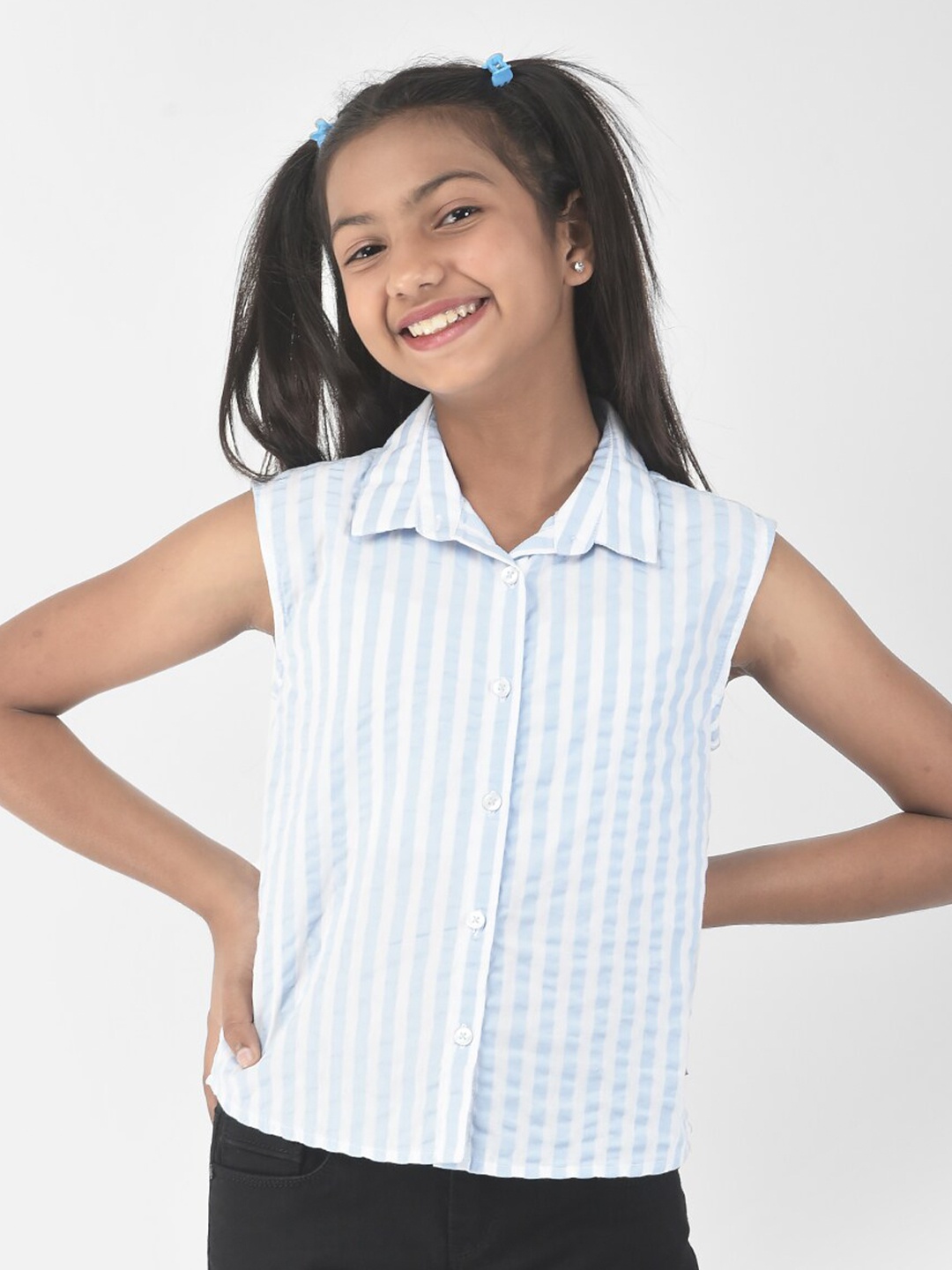 

Crimsoune Club Girls Striped Sleeveless Opaque Casual Pure Cotton Shirt, Blue