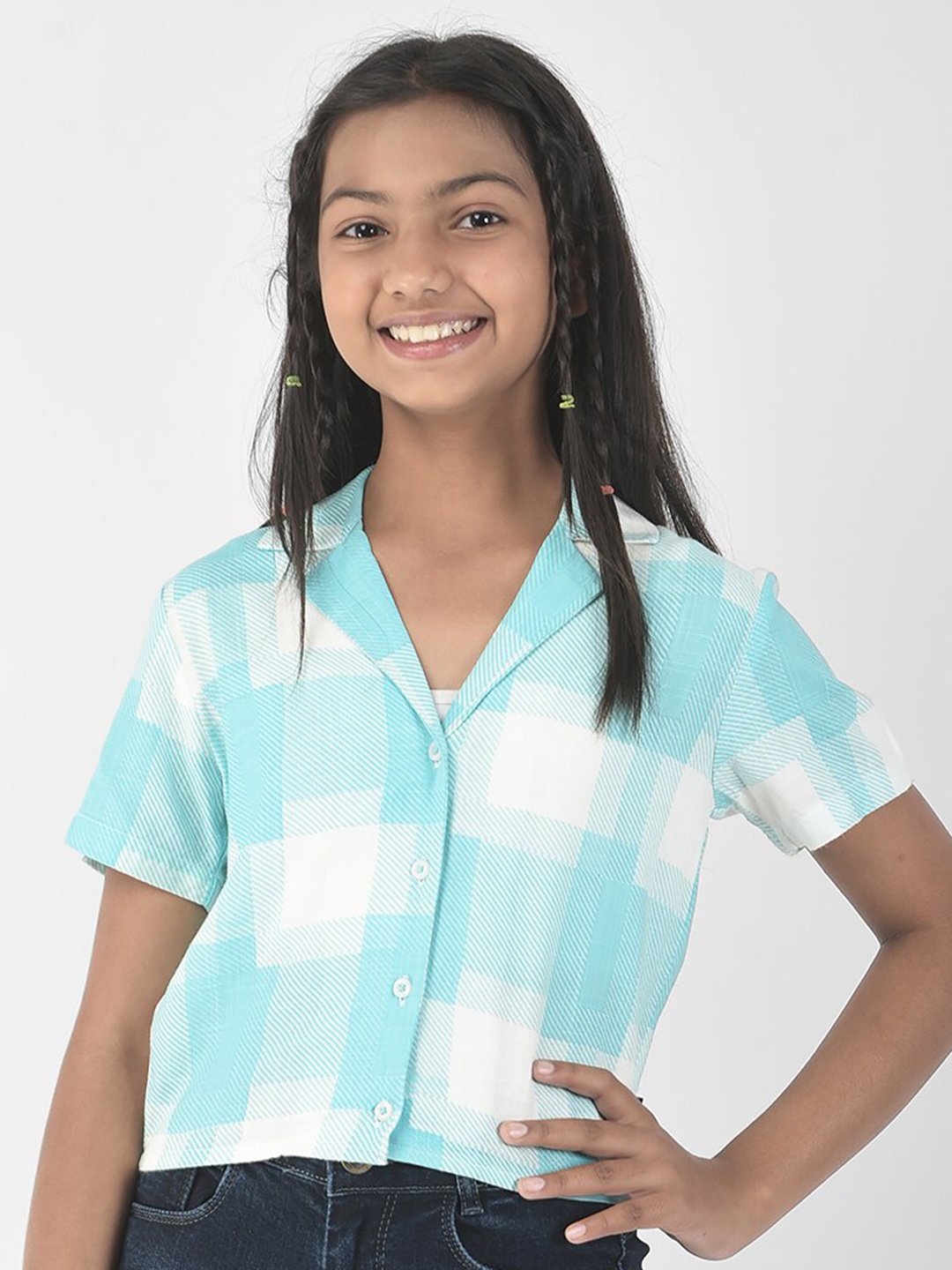 

Crimsoune Club Girls Checked Opaque Casual Cropped Shirt, Blue