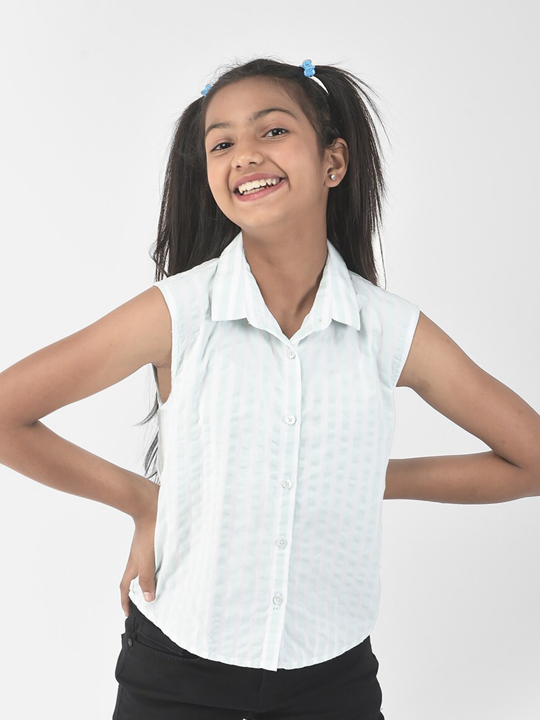 

Crimsoune Club Girls Striped Opaque Casual Cropped Shirt, Green