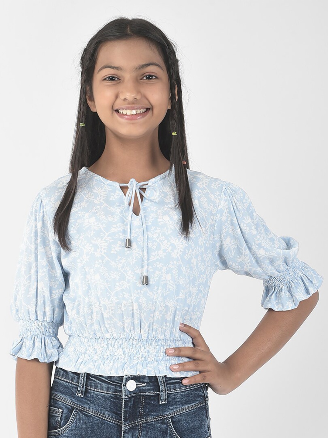 

Crimsoune Club Girls Tie-Up Neck Puff Sleeves Top, Blue
