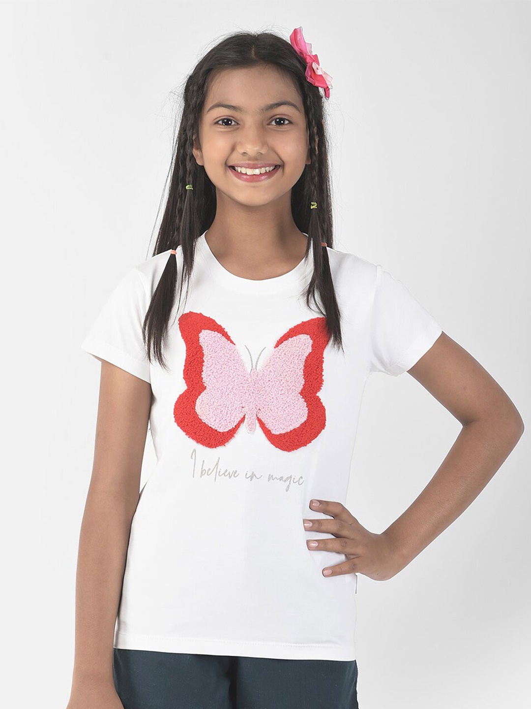 

Crimsoune Club Girls Butterfly Embroidered Round Neck T-Shirt, White