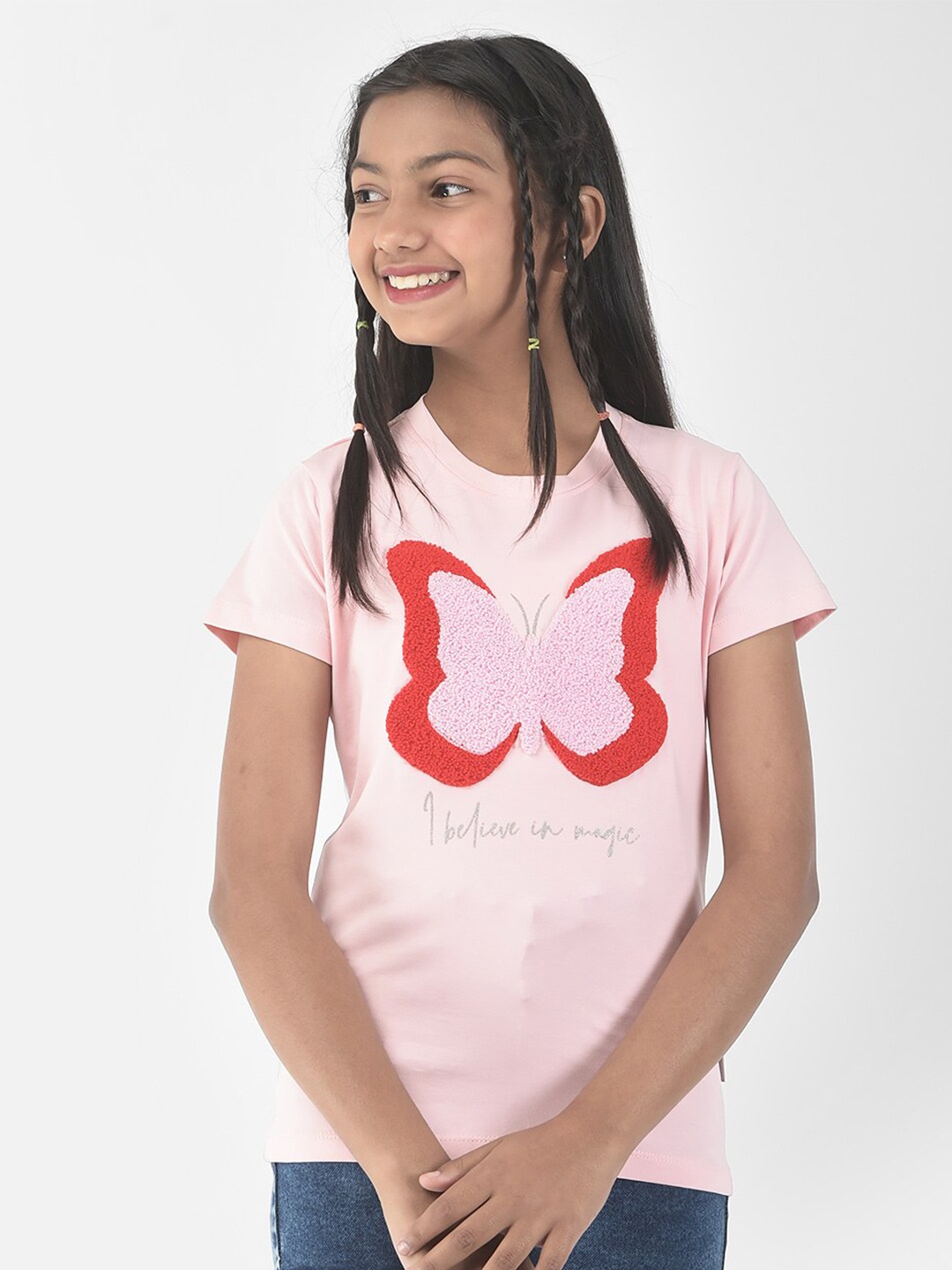 

Crimsoune Club Girls Typography Printed And Embroidered T-shirt, Pink