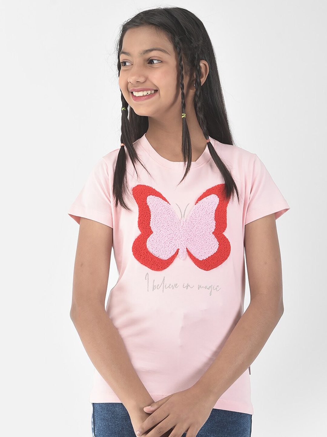 

Crimsoune Club Girls Butterfly Embroidered Round Neck T-Shirt, Pink