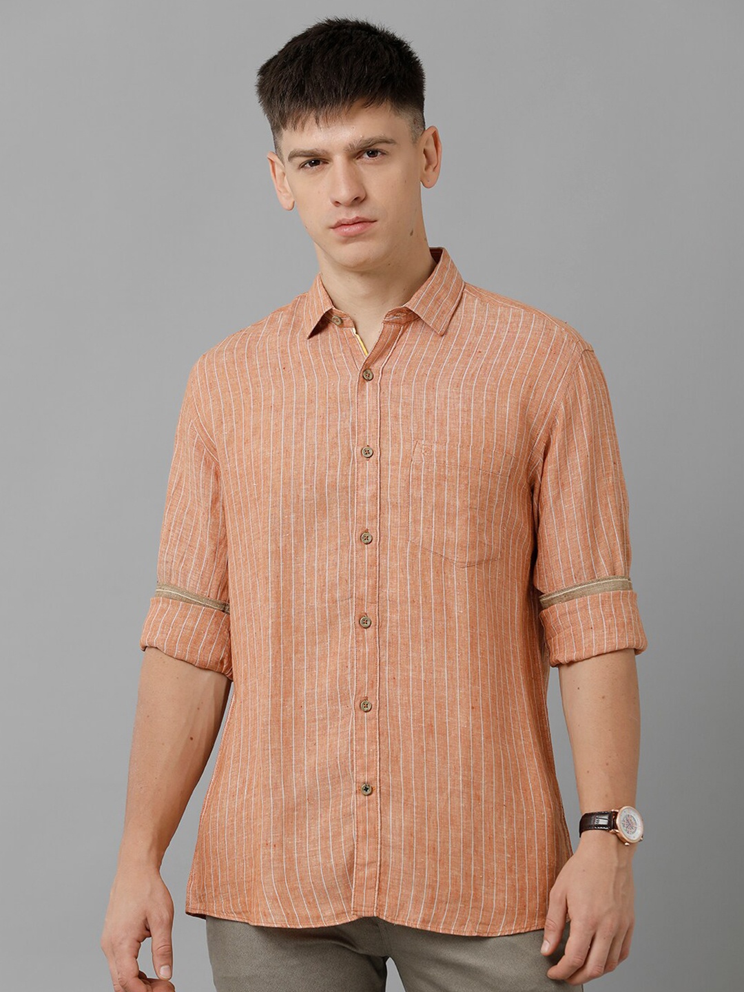 

Linen Club Vertical Striped Pure Linen Casual Shirt, Peach