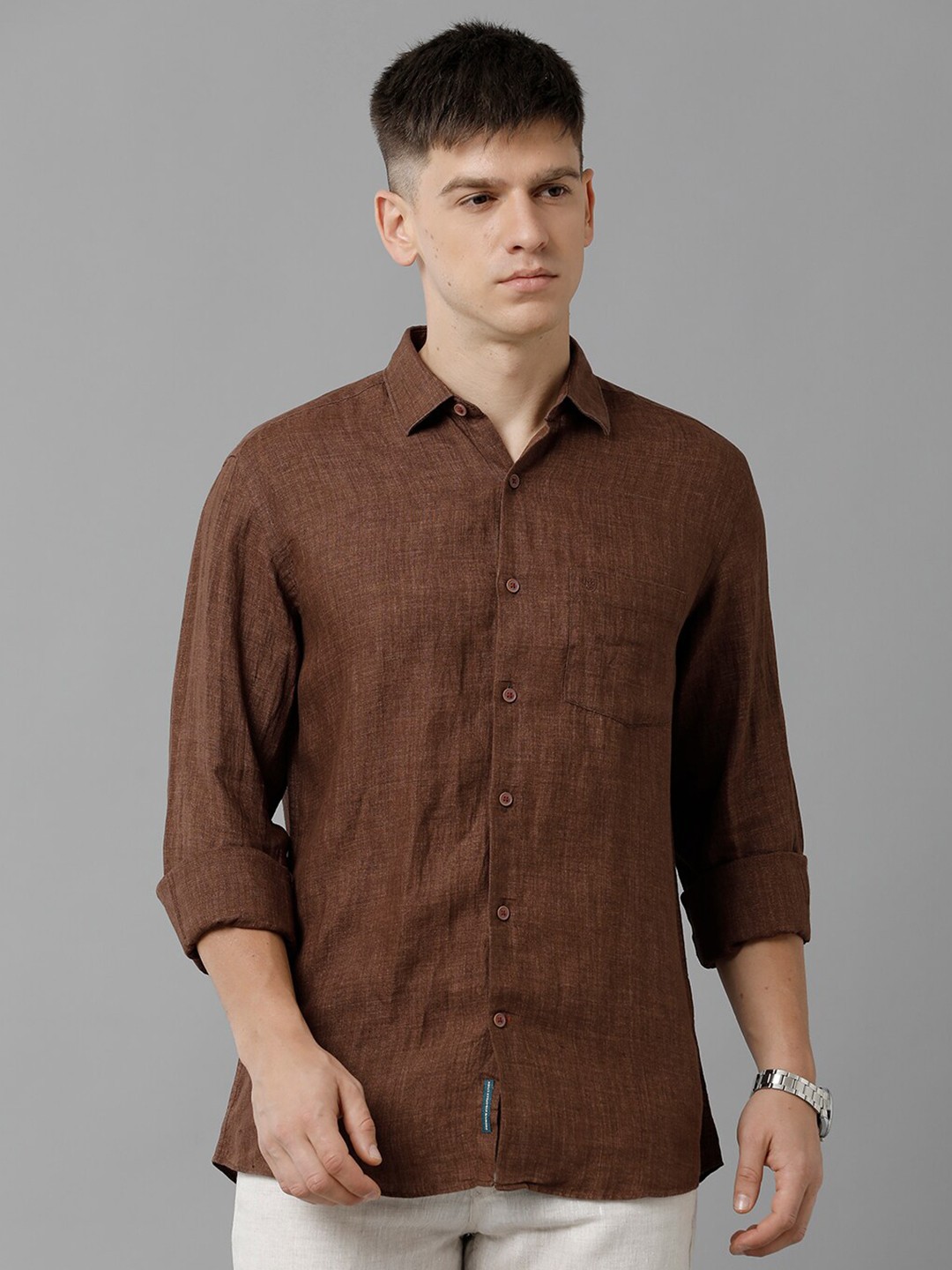 

Linen Club Spread Collar Pure Linen Casual Shirt, Brown