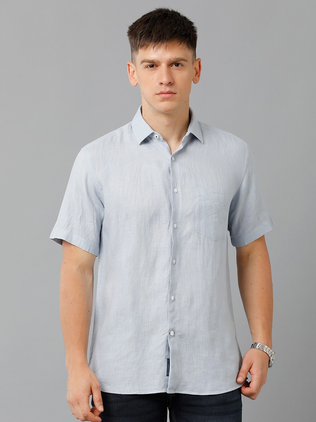 

Linen Club Spread Collar Pure Linen Casual Shirt, Blue