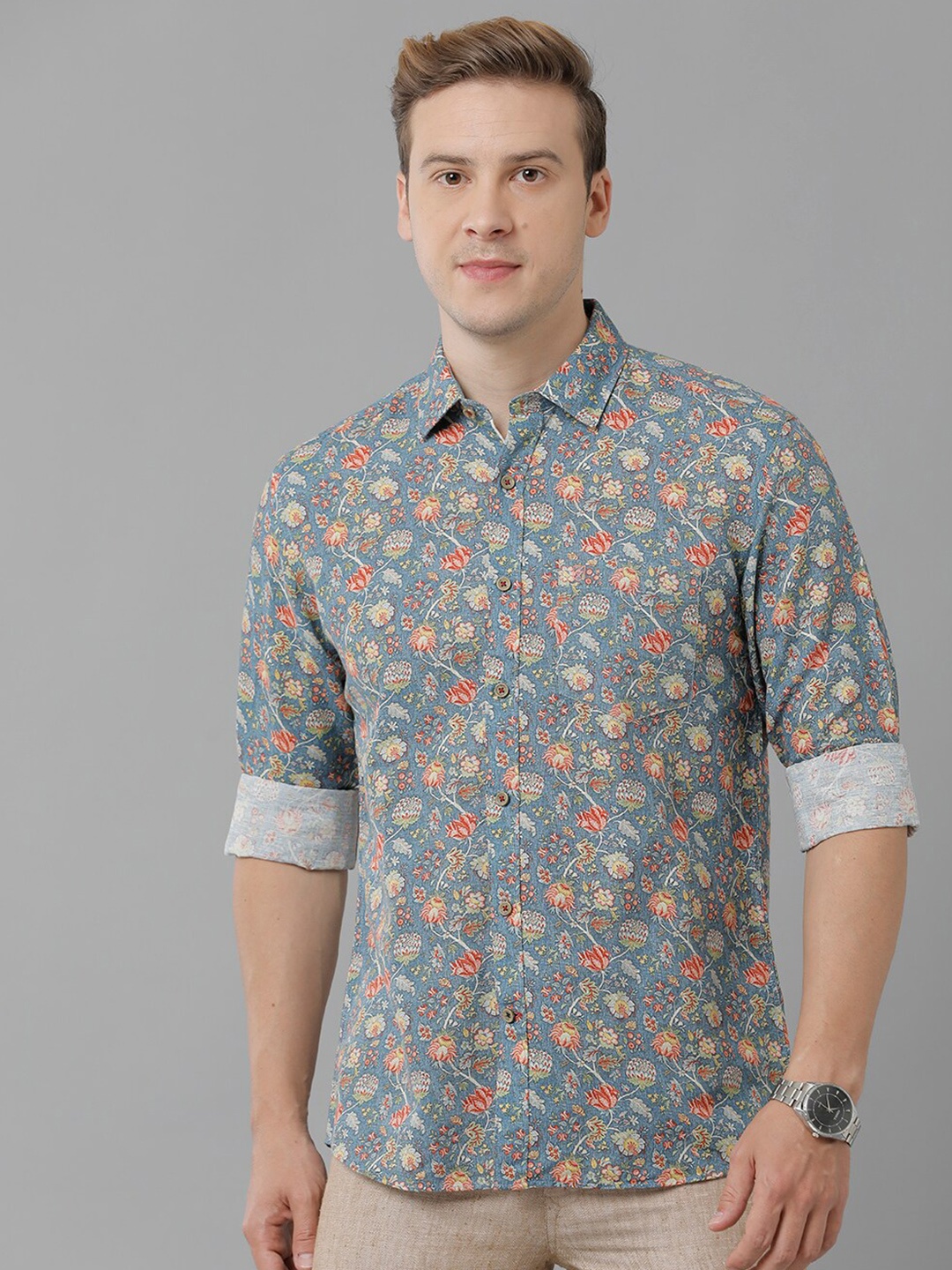 

Linen Club Floral Printed Pure Linen Casual Shirt, Blue